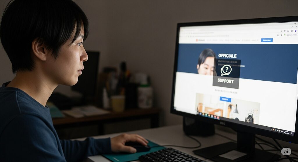 auひかり公式サイトで、ONU交換時期に関する最新のサポート情報を確認する人物。