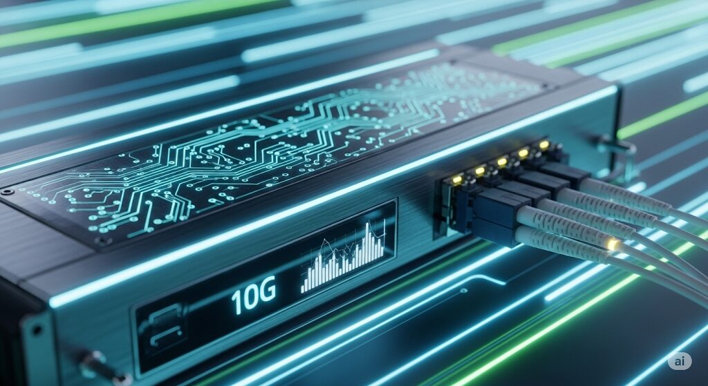 auひかり10ギガプランに対応した、高速通信を表す光の筋が描かれた高性能なONU機器のイメージ。
