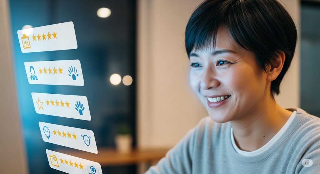 auひかりのONUを交換したユーザーの肯定的な口コミ。満足そうな笑顔の日本人女性がパソコン画面を見ており、速度改善など良い評判がうかがえる。