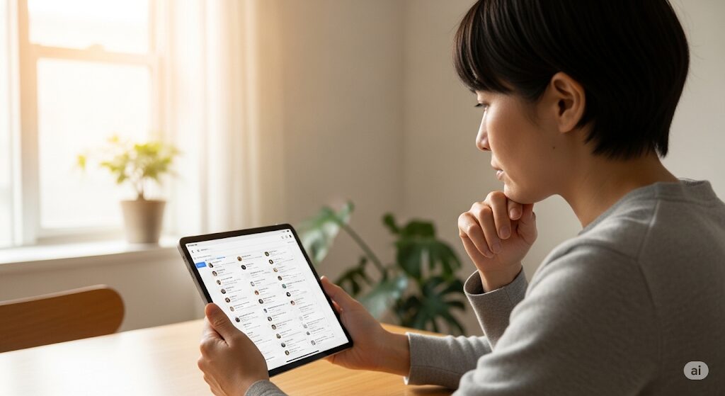 auひかりのONU交換時期について掲示板で情報収集する日本人。タブレットで他のユーザーの評判を真剣に確認し、最適なタイミングを検討している様子。