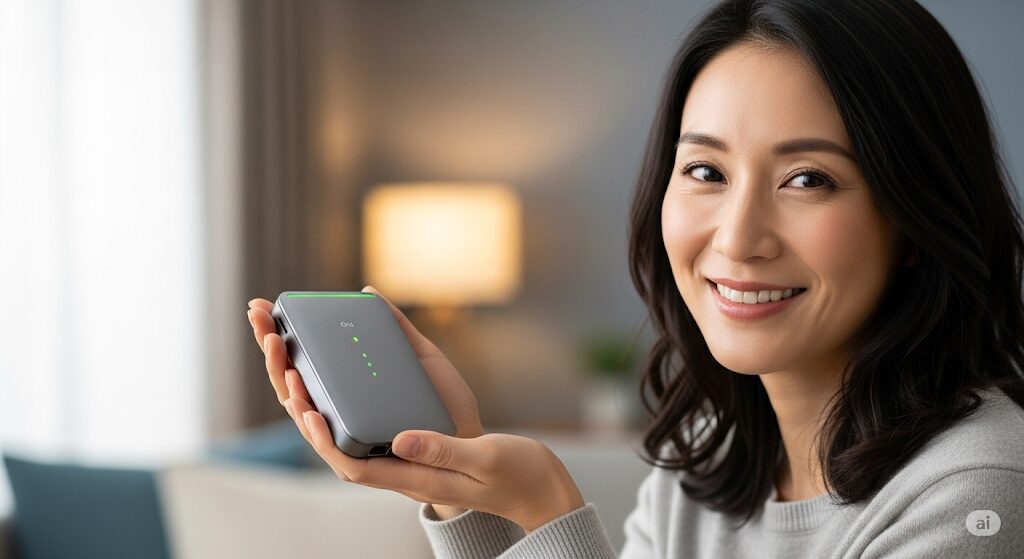 auひかりのONUを新しい機種に交換し、満足している日本人女性。