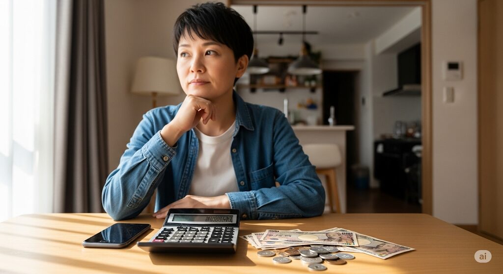 auひかりのONU交換費用と時期について考えている人物。電卓と小銭を前に悩んでいる様子。
