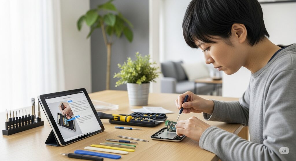 auひかりのONU交換時期の手順。マニュアルを見ながら、ケーブルを新しい機器に差し替える交換作業の様子。
