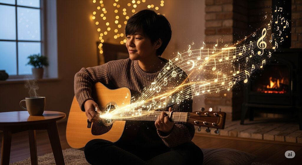 Bank Bandのカバー曲の魅力を表す画像。温かい空間でギターを弾き、名曲を再解釈する様子を表現。