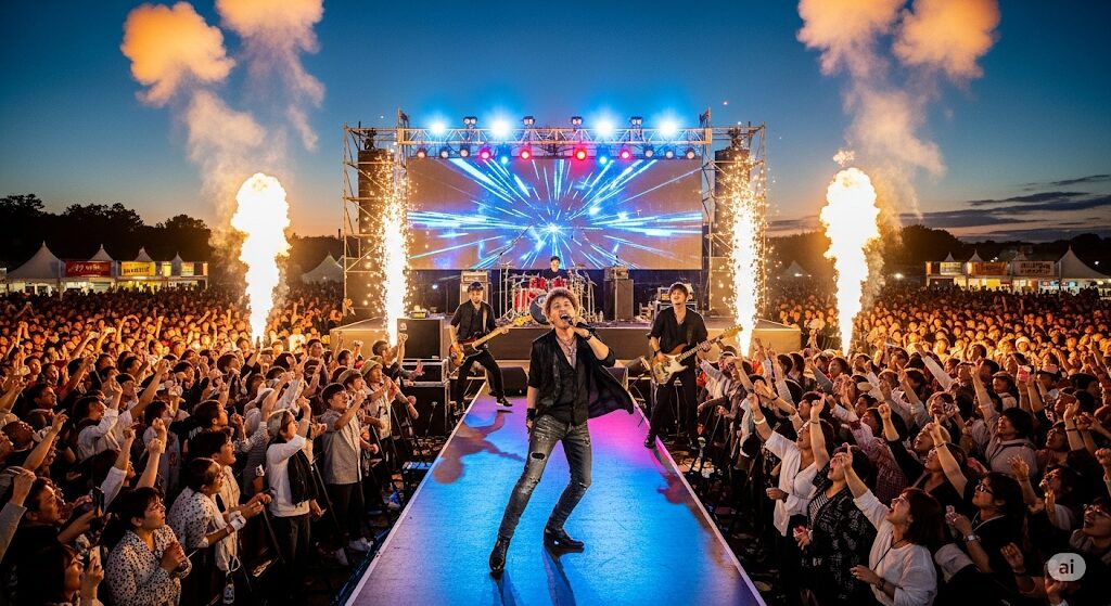 Bank Bandとミスチルのライブの雰囲気の違いを解説する画像。熱狂的な観客を前に歌うバンドのダイナミックなパフォーマンス。