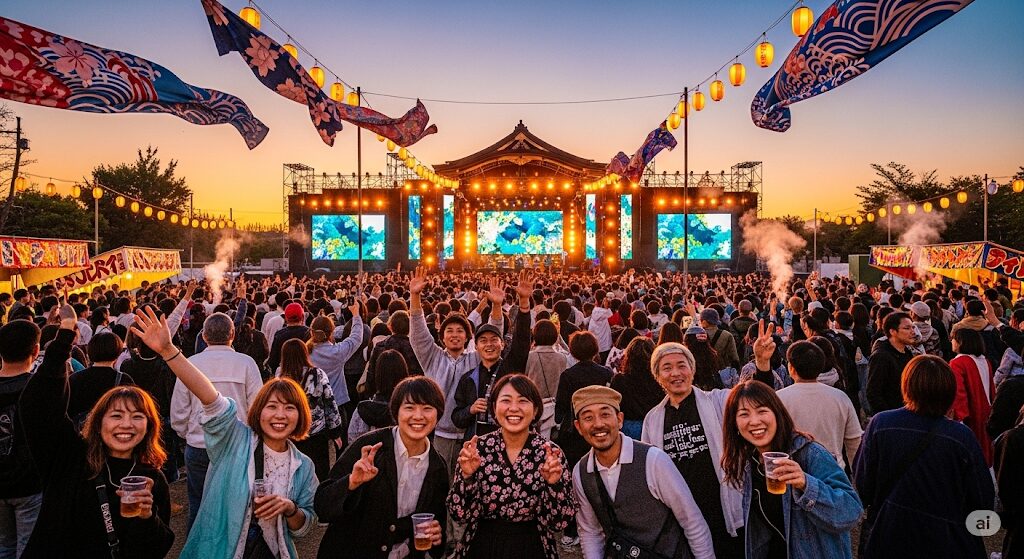 Bank Bandとミスチル、フェスでの立ち位置と役割の違いを説明する画像。自然の中で音楽を楽しむ観客と開放的なステージ。