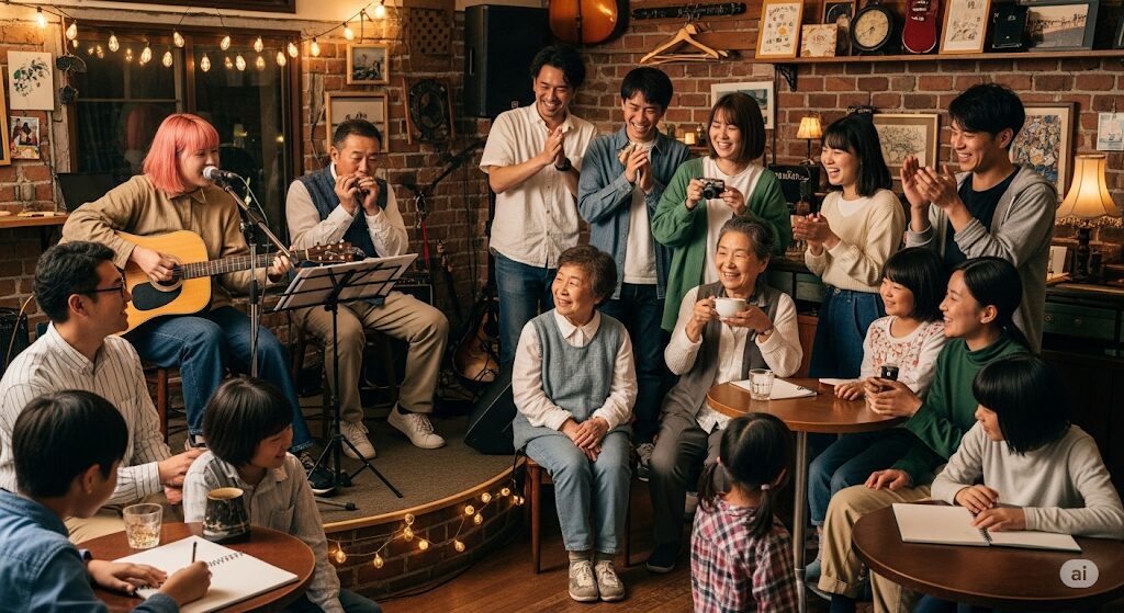 幅広い世代に支持されるMr.Childrenのファン層。老若男女が集まり、音楽を楽しむ様子を描いた画像。
