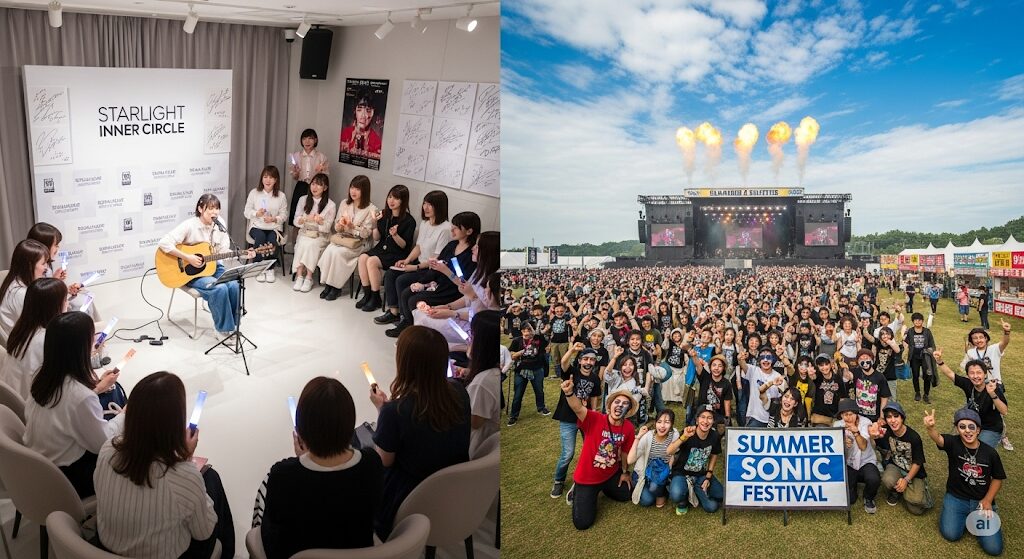 ファン交流におけるBank BandとMr.Childrenの違い。限定的なファンクラブイベントと、大規模な野外音楽フェスでの様子を比較した画像。