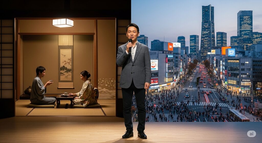 ミスチルとBank Bandの楽曲テーマの違いを表現した画像。個人的な視点と社会的な視点の比較。