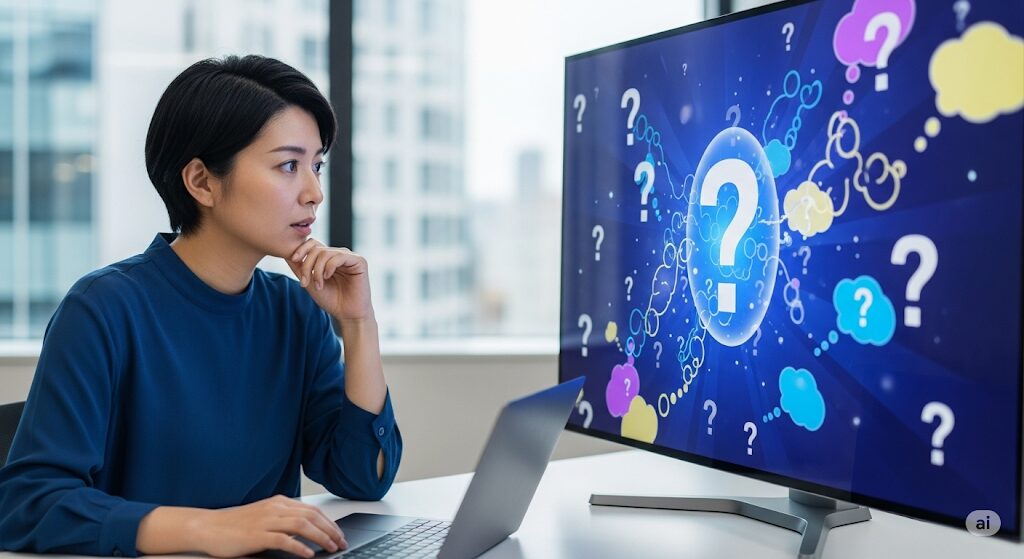 「コードネームアナスタシア」に関するよくある質問が表示されたデジタル画面を見る日本人。どこで読めるか知りたい読者向けの画像。