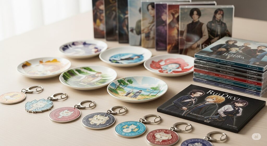 「コードネームアナスタシア」の公式グッズ(キーホルダー、ミニプレート、オーディオドラマCD)の画像。作品の世界観を楽しむアイテムで、「どこで読める」かとともにファンに注目されています。