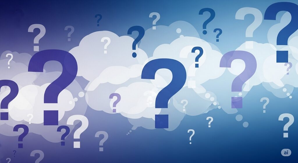 「コードネームアナスタシアはどこで読める」といったよくある質問(FAQ)を示す抽象的な画像。疑問符と思考の吹き出しが並び、読者の疑問に応えます。
