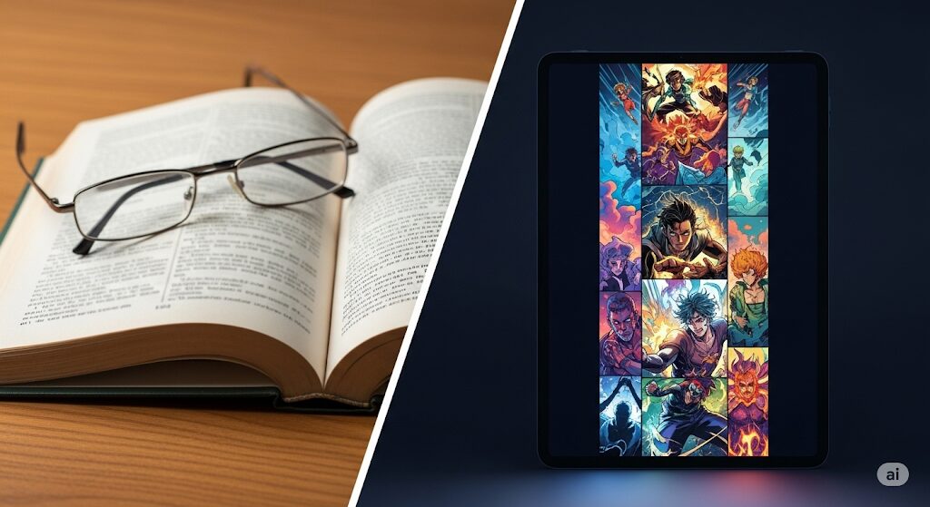 コードネームアナスタシアが小説と漫画でどこで読めるかを示す、異なる読書形式(書籍とウェブトゥーン)を比較するイメージ。