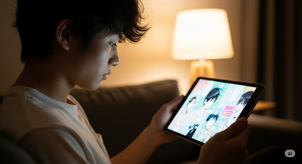 「コードネームアナスタシア」をレジンコミックスで読む日本人。タブレットで漫画を閲覧し、どこで読めるか探している読者向けの画像。