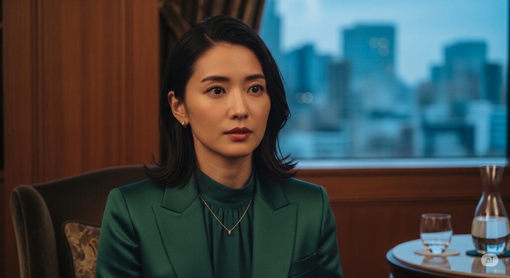 富裕層向けの豪華な邸宅内で、真剣な表情で座る日本人女性のポートレート。この画像は、「大富豪のバツイチ孫娘 どこで見れる」というショートドラマの物語性を示唆しており、無料視聴方法を探している視聴者の興味を引きます。