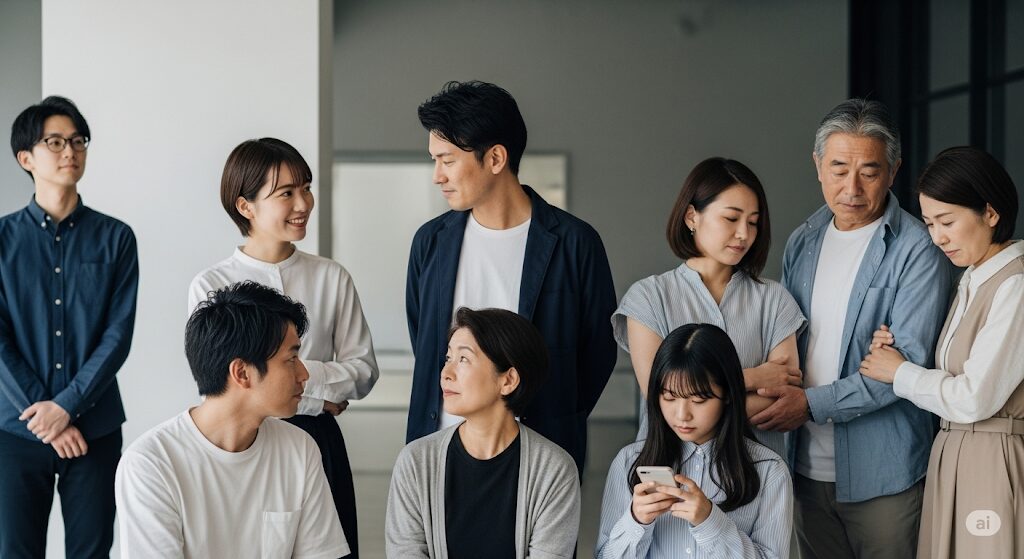 複雑な人間関係を示唆するように配置された日本人グループ。『大富豪のバツイチ孫娘』の登場人物の相関図を理解することで、ドラマはどこで見れるかだけでなく、より物語を楽しめるでしょう。