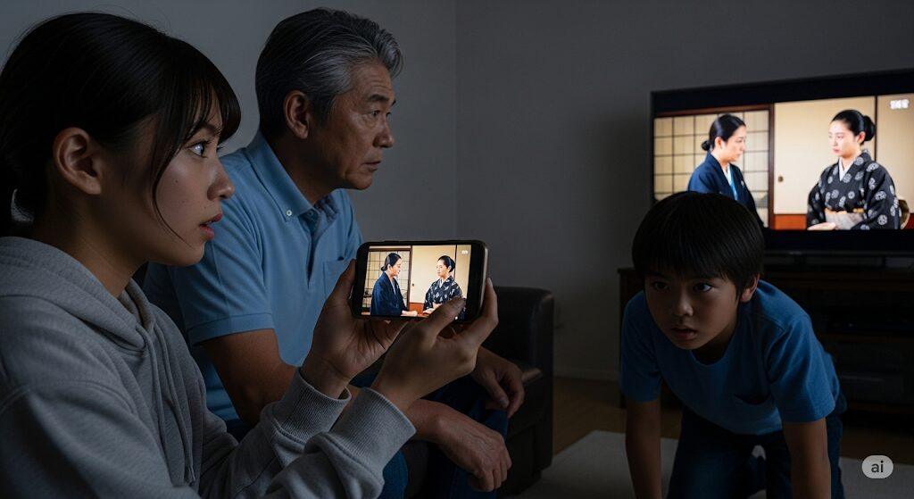 スマホやテレビで『大富豪のバツイチ孫娘』を視聴している家族の様子。『大富豪のバツイチ孫娘 どこで見れる』と探している人が、実際に視聴した感想や口コミを確認している場面です。