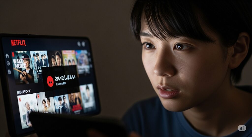 Netflixの画面を見て『大富豪のバツイチ孫娘』が配信されていないことに落胆する日本のユーザー。「大富豪のバツイチ孫娘 どこで見れる」かを探しているが、Netflixでは見られないことを示唆しています。