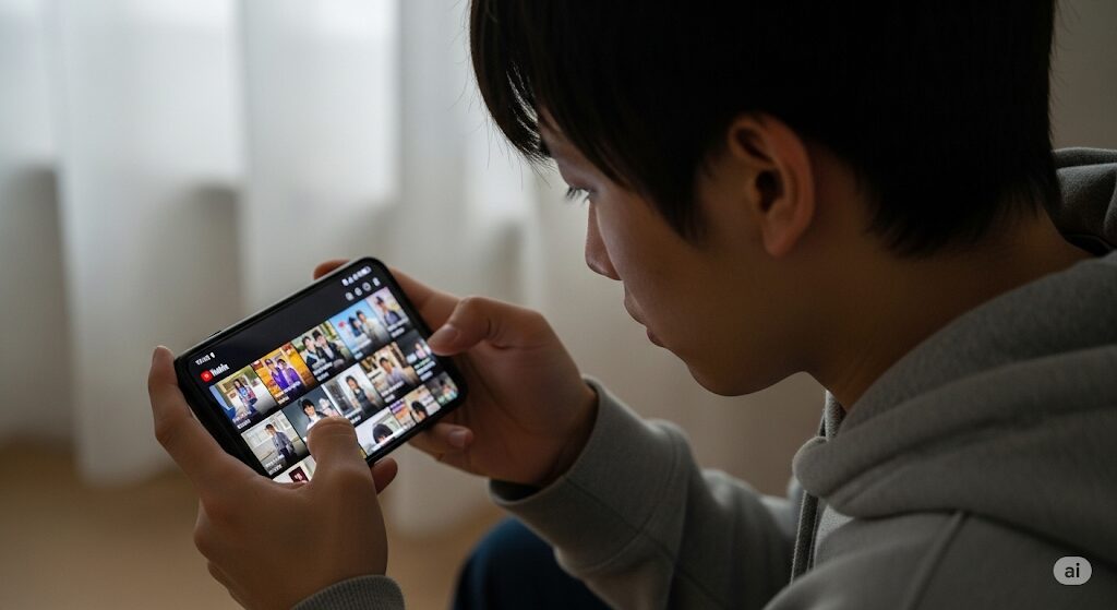 YouTubeの画面を見ている日本のユーザー。非公式な短編や違法アップロードの可能性を示唆し、『大富豪のバツイチ孫娘』の公式配信がYouTubeにはないことを表現しています。
