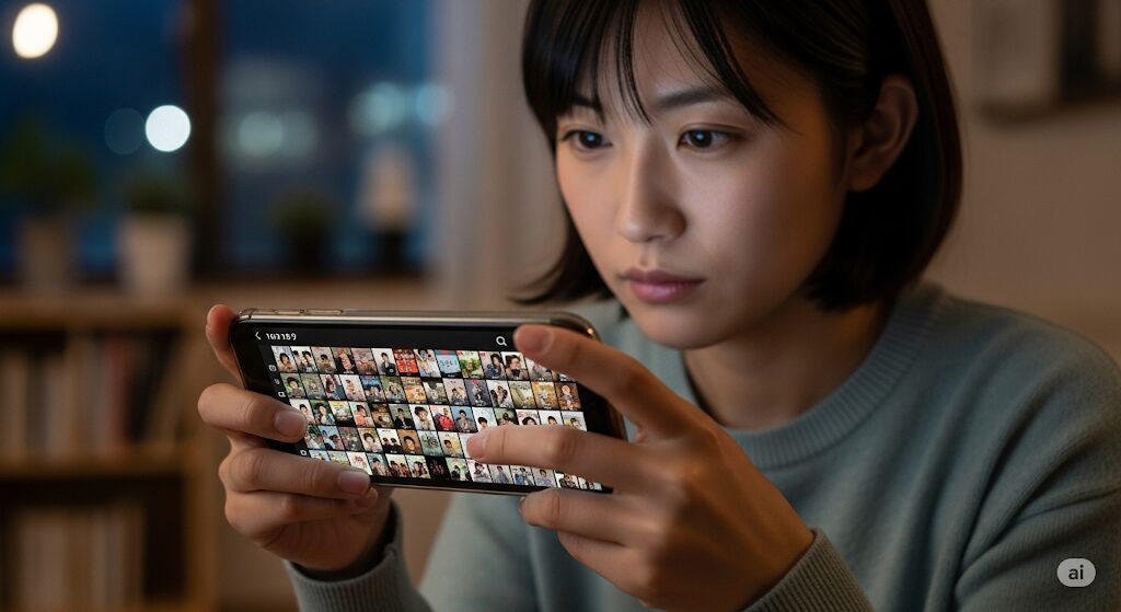 スマートフォンで多数のエピソードを視聴している日本人女性。話題の『大富豪のバツイチ孫娘』はどこで見れるのか、その全話構成と視聴方法に関心がある様子です。