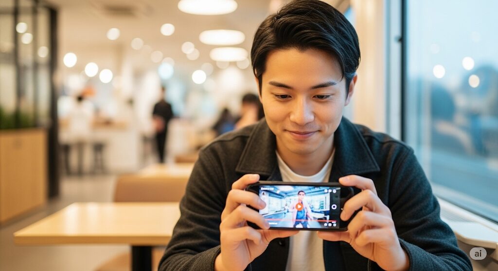 短い休憩時間にスマートフォンでショートドラマを手軽に楽しむ日本人男性。まさに『大富豪のバツイチ孫娘』のような作品はどこで見れるか、そのスキマ時間にフィットする視聴スタイルを表しています。