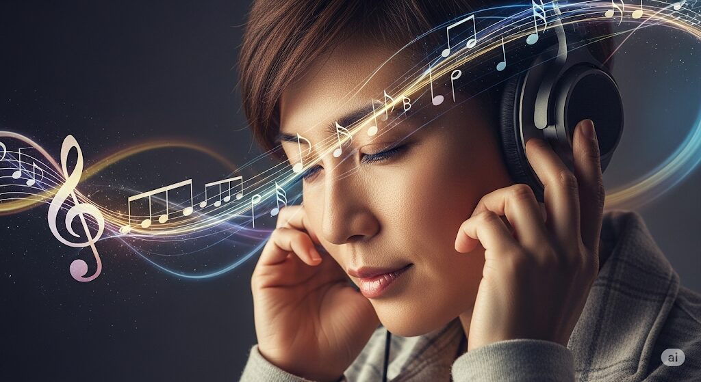 ヘッドホンで音楽に没頭している日本人女性。ドラマの主題歌やBGMが『大富豪のバツイチ孫娘』の感動を深めます。本編はどこで見れるか、主題歌の情報も重要です。