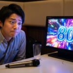 カラオケの画面に表示された80点のスコアを見て考え込む日本人男性。「DAMで80点は下手なのか？」という疑問を表すイメージ。
