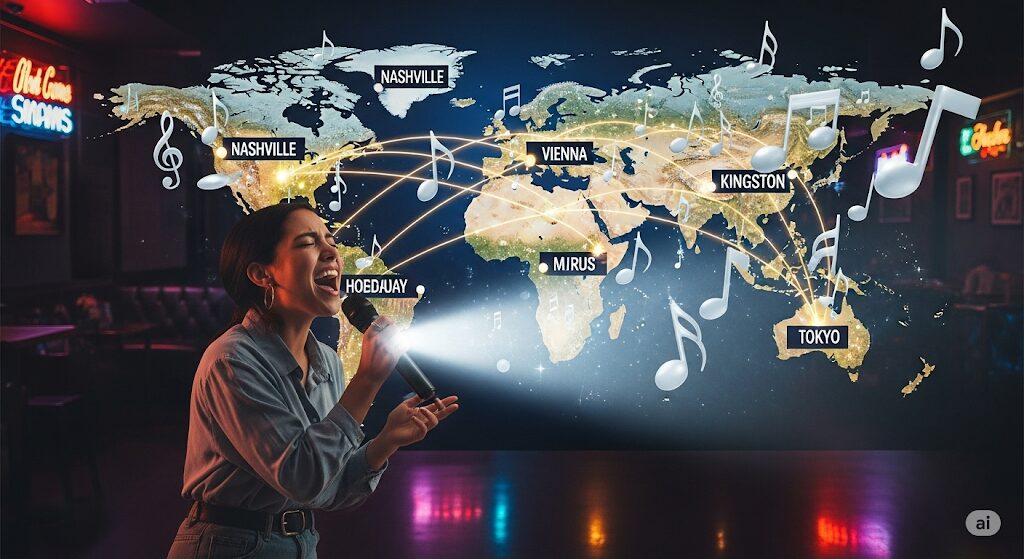 DAMとジョイサウンドの洋楽ラインナップの違いをイメージ画像で解説。世界地図を背景に気持ちよく歌う女性で表現。