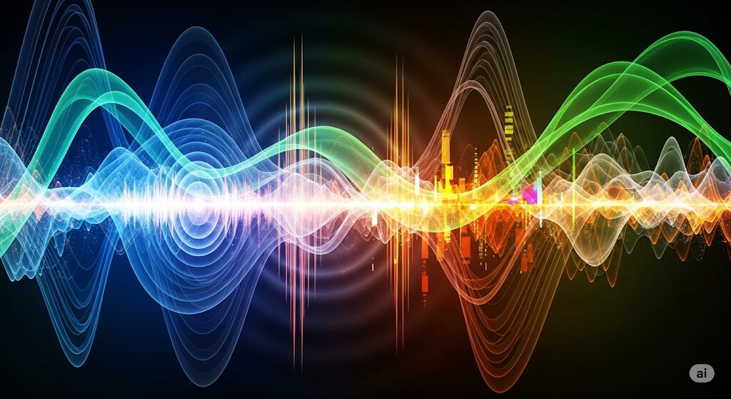 DAMとジョイサウンドの音質やエフェクト機能の違いを視覚的に表現した画像。カラフルな音の波形が歌いやすさの差を示す。
