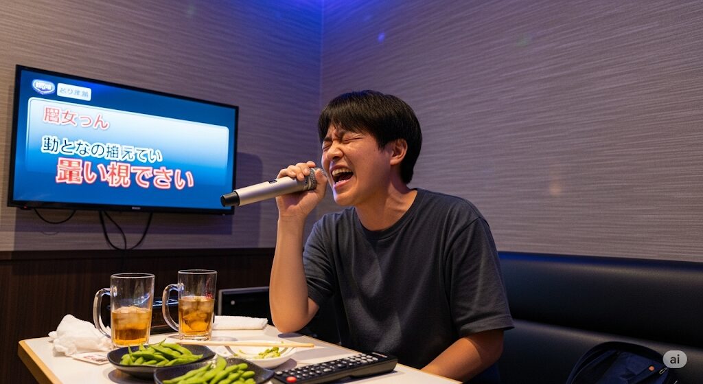 一人カラオケ(ヒトカラ)を楽しむ男性。DAMとジョイサウンドの違いを理解すれば、歌の練習もストレス発散も思いのまま。