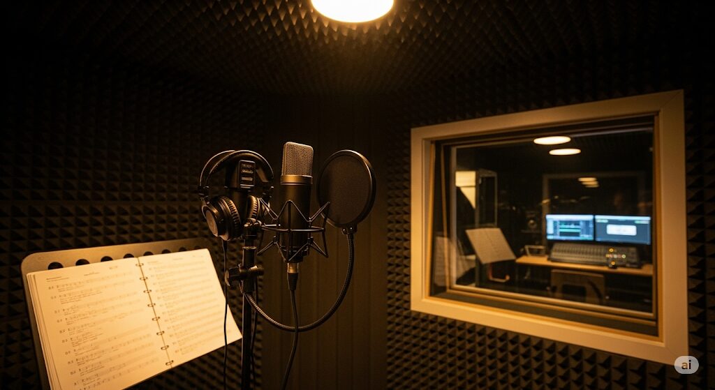 DAMとジョイサウンドの録音機能を比較。DAMは高音質、JOYSOUNDは動画も可能。プロ仕様のマイクで本格録音のイメージ。