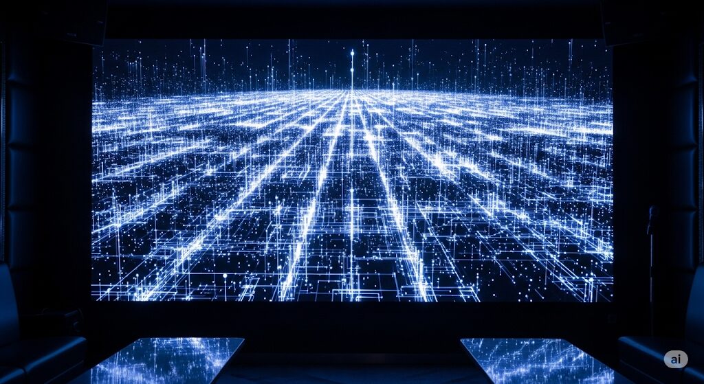 カラオケの曲数の違いを表現したデジタルなイメージ。DAMとジョイサウンドの膨大な楽曲データベースを視覚化しています。