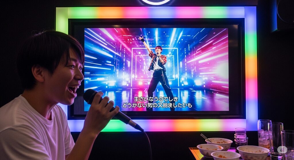 DAMとジョイサウンドの大きな違いの一つが本人映像の多さ。DAMで好きなアーティストの映像を見ながらカラオケを楽しむ男性。