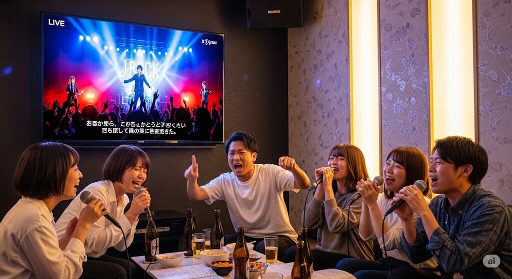 DAMとジョイサウンドの違いを比較。DAMの迫力あるライブ映像で盛り上がる友人たち。臨場感あふれるカラオケ体験ができる。