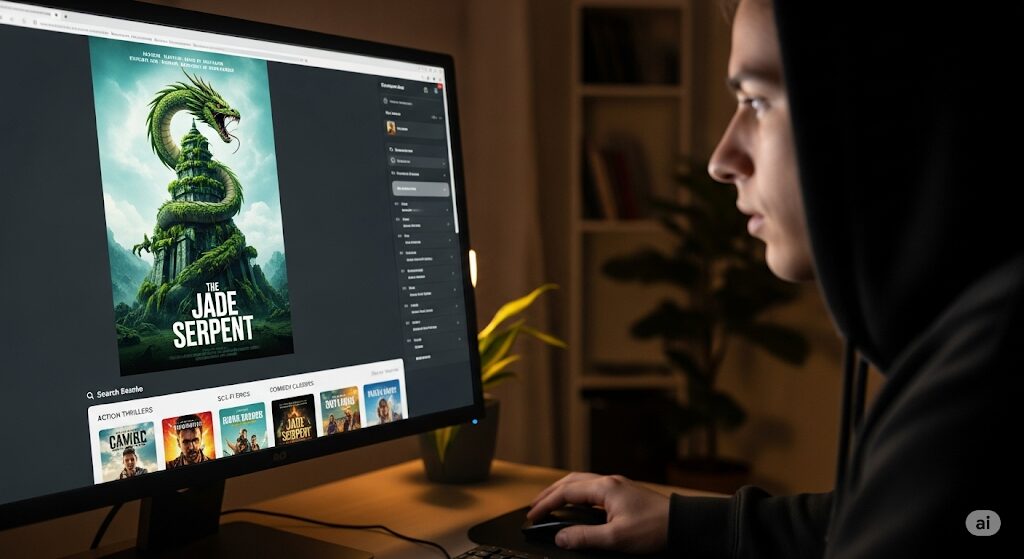 映画FINLEYはどこで見れるかを探している人がパソコンを操作する様子。検索画面と映画のポスター。