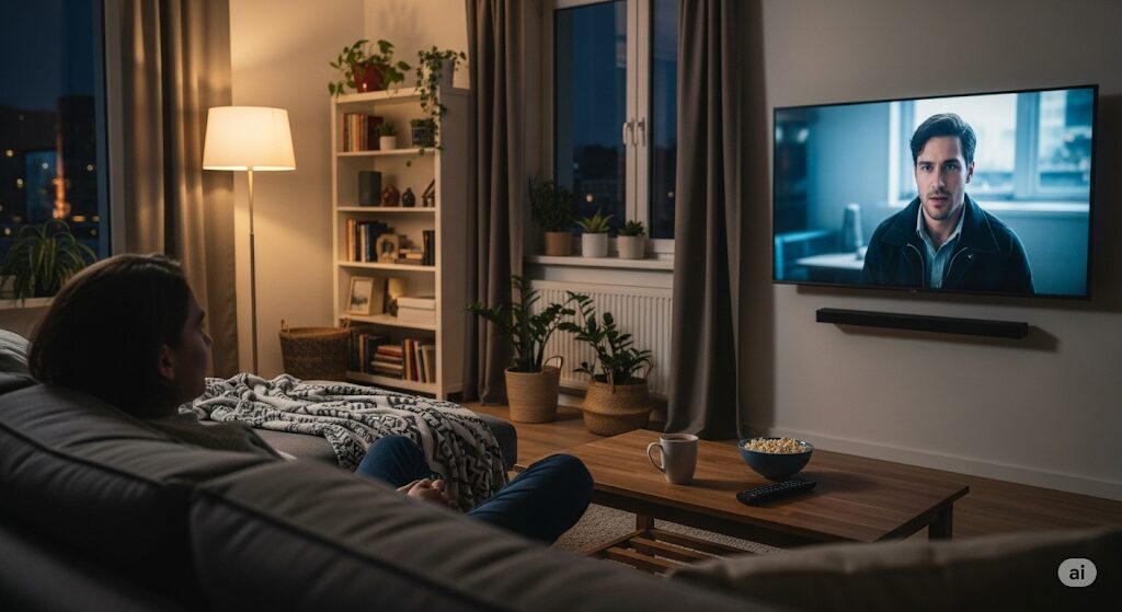 映画FINLEYはどこで見られるか、自宅のリビングでテレビを使って検索している人の様子。