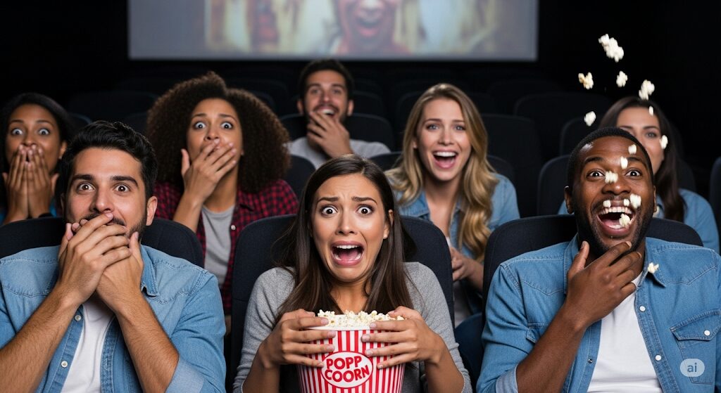 FINLEYの映画はどこで見れる?感想やレビューをまとめたセクションの画像。ホラーコメディを楽しむ観客の様子です。