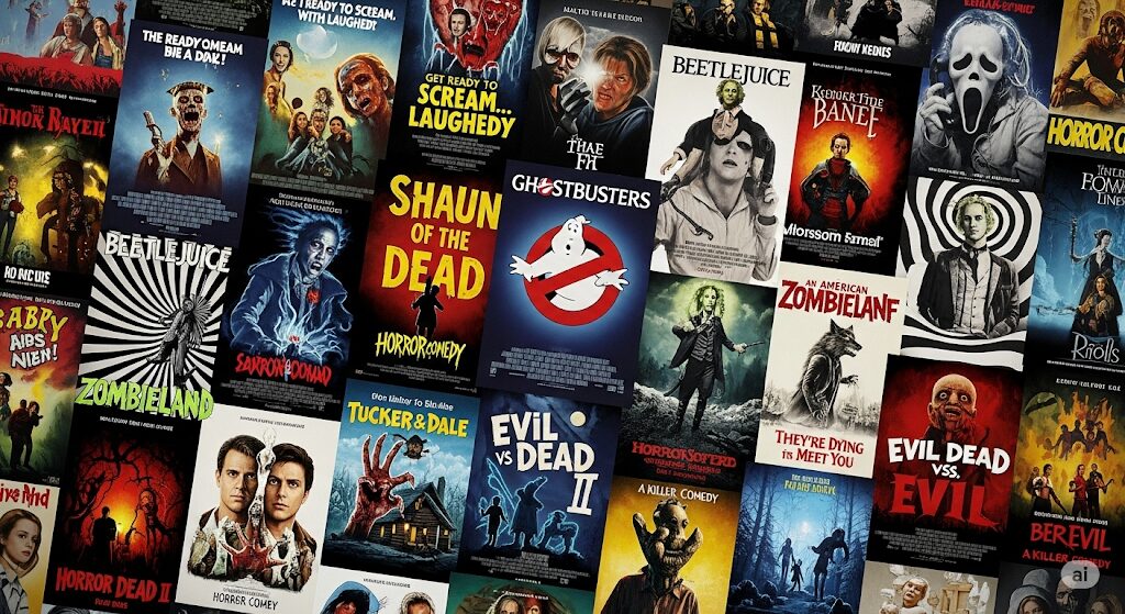 FINLEYの映画はどこで見れるかに関連する作品を紹介する画像。ホラーコメディの映画ポスターが多数コラージュされています。