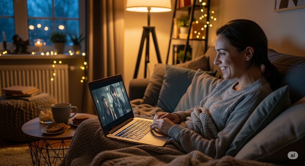 映画をフルで無料で見るサイトを探し、ノートパソコンで楽しんでいる女性の画像。FINLEYの視聴イメージ。
