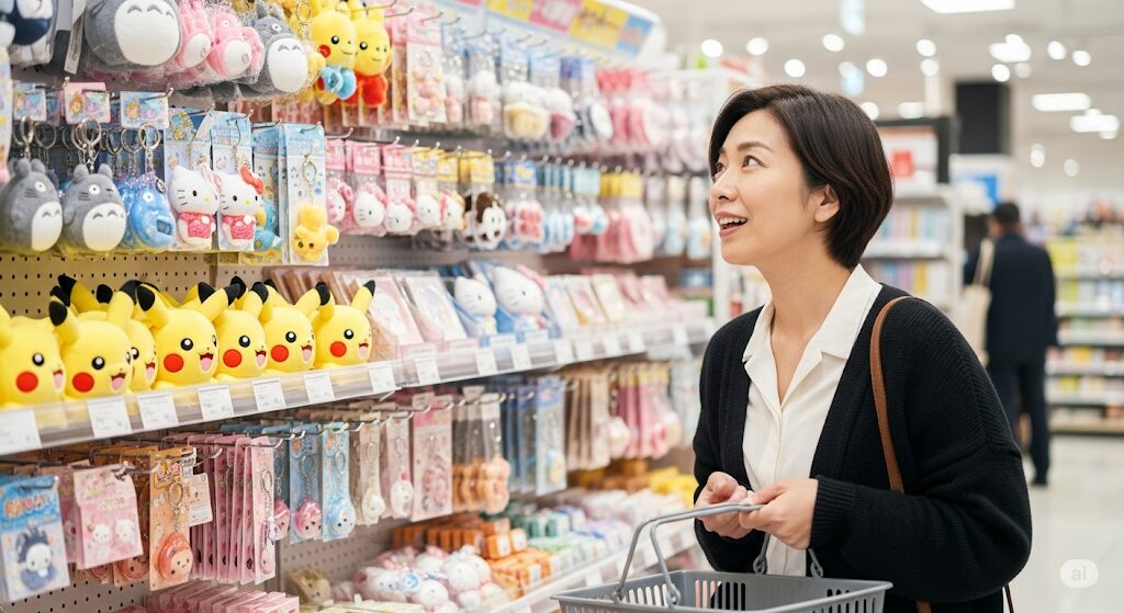 店舗でジェオチャムグッズを探す女性。キャラクターグッズが並ぶ棚を熱心に見ている。