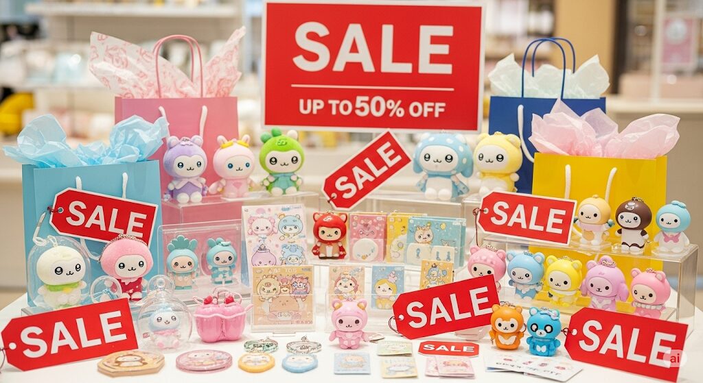 ジェオチャムグッズをお得にどこで買えるか知りたい人向けのセール画像。キャラクターグッズとセールタグが並ぶ。