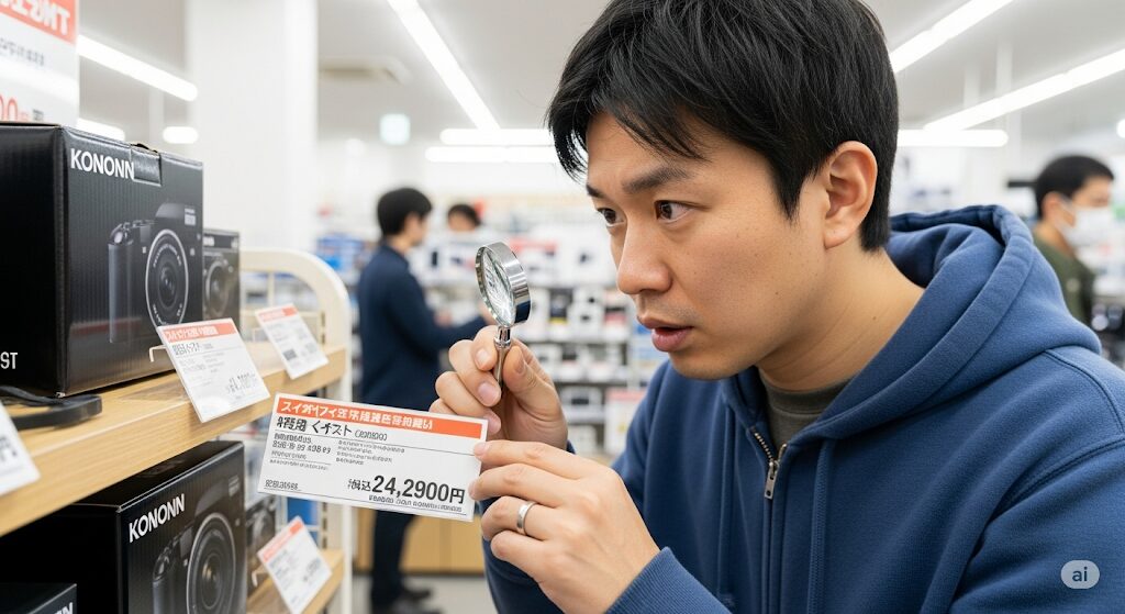 ジェオチャムグッズをどこで買えるか、価格と在庫を虫眼鏡で確認する日本人男性