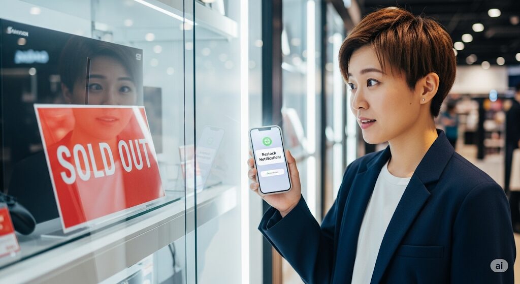 ジェオチャムグッズが売り切れでも再販通知でどこで買えるかを知り、希望に満ちた表情の日本人女性
