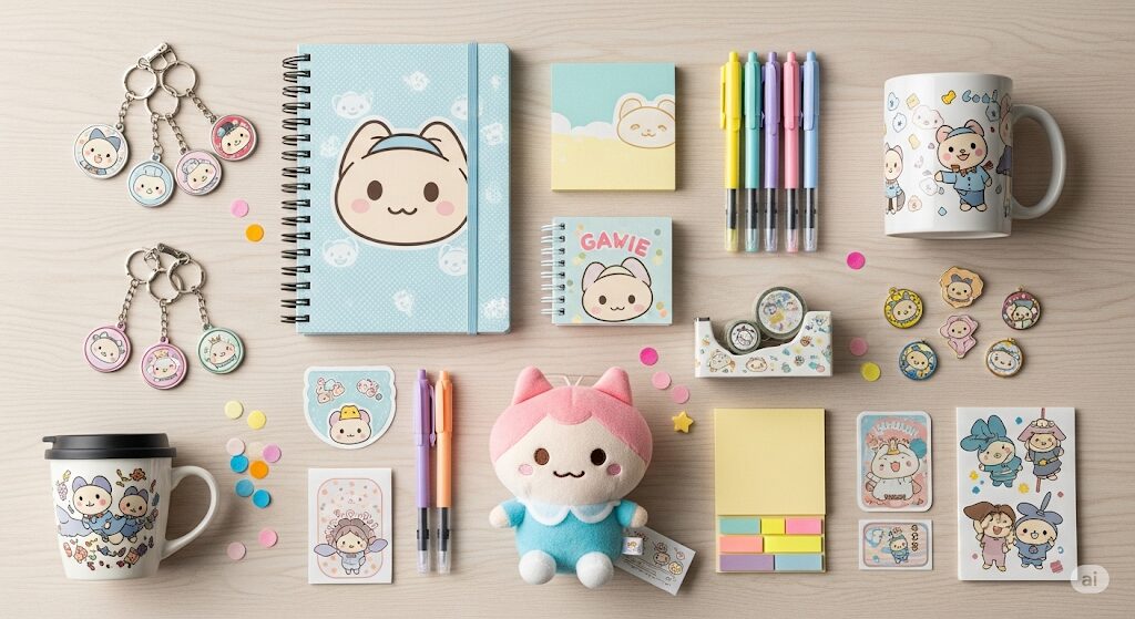 様々な種類のジェオチャムグッズ。ぬいぐるみ、文房具、マグカップなど、購入前にチェックしたいアイテムが揃っている。