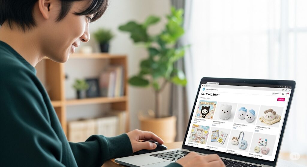 ノートパソコンでジェオチャムグッズをどこで買えるか探している男性。公式オンラインショップの画面が映し出されている。