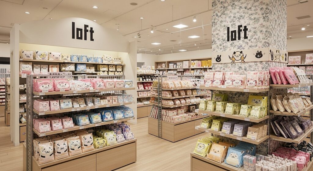 ジェオチャムグッズがどこで買えるか探す際の参考になるロフト店舗の内観。キャラクターグッズが棚に並んでいる。