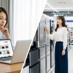 オンラインと実店舗での家電購入を比較検討する日本人女性。ネットで買わない方がいい家電を賢く選ぶための思慮深い姿。