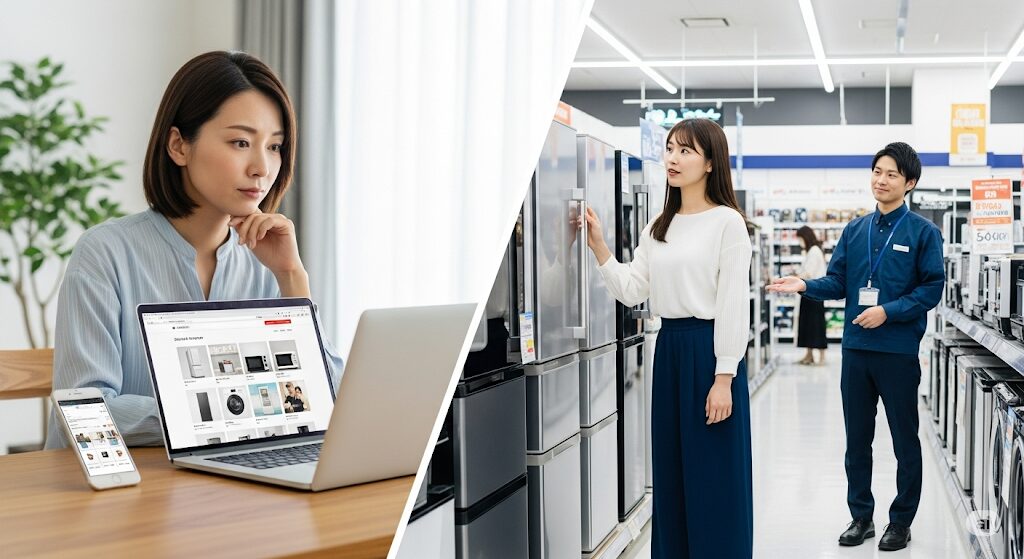 オンラインと実店舗での家電購入を比較検討する日本人女性。ネットで買わない方がいい家電を賢く選ぶための思慮深い姿。