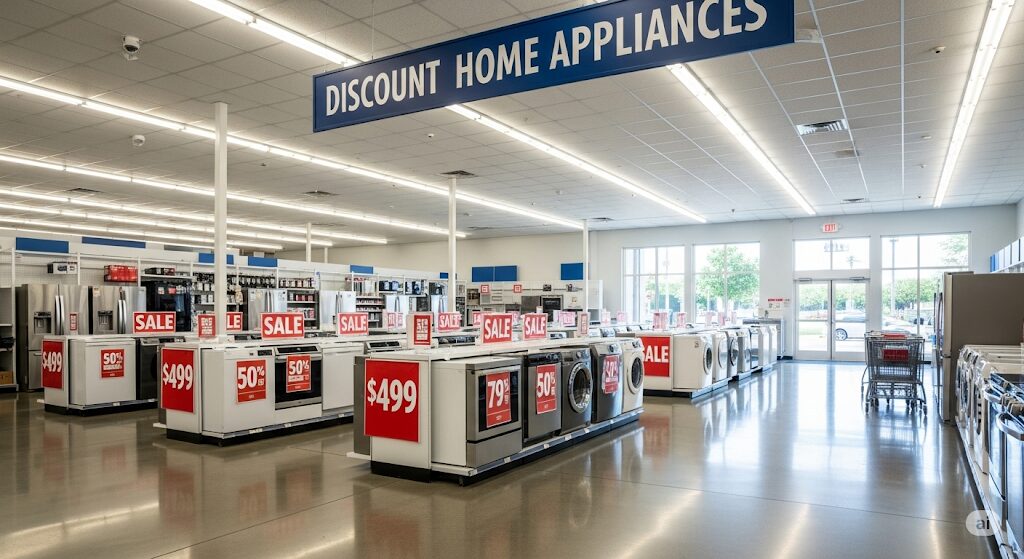 値段が安くなった家電が並ぶ空の店舗。ネット通販の家電が実店舗より安い理由を象徴する光景。