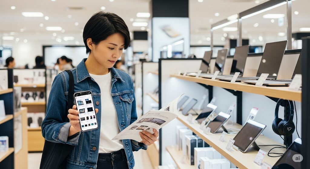 ネットで買わない方がいい家電がある中、実店舗とネット通販のどちらで購入するか比較検討する日本人女性。
